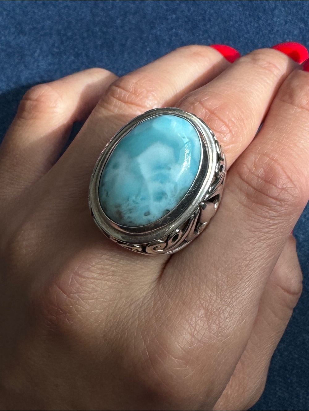 Vintage 925 Sterling Silver Large Cabochon Blue‎ Larimar Cocktail Ring Size 8.5